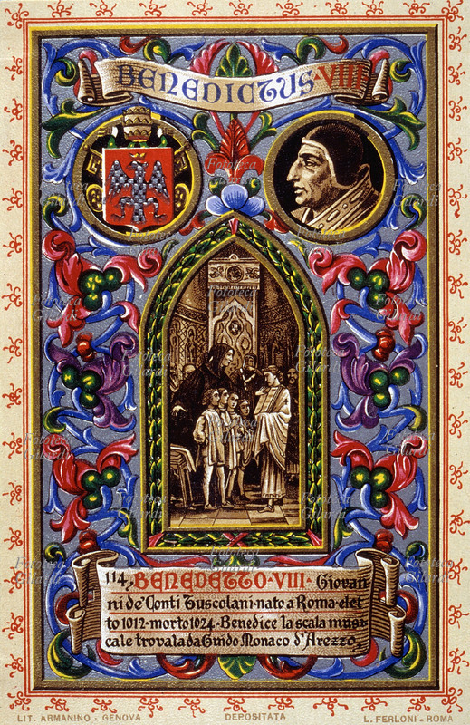 PAPA BENEDETTO VIII (980 circa - 1024), al secolo Giovanni dei Conti Tuscolani, nato a Roma, eletto nel 1012, benedice la scala musicale trovata da Guido D\