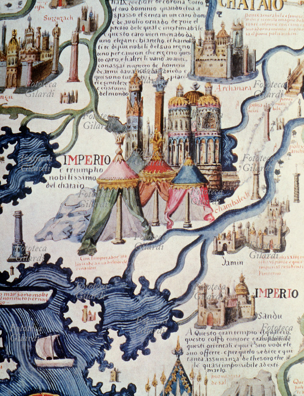 CARTOGRAFIA CINA Dettaglio della carta del 1495 basata sulla descrizione della Cina fatta da Marco Polo. Al centro vi è il palazzo di Kubilai Khan a Khanbaliq (Chambalech). Da queste zone partivano le carovane che portavano la seta in Europa.