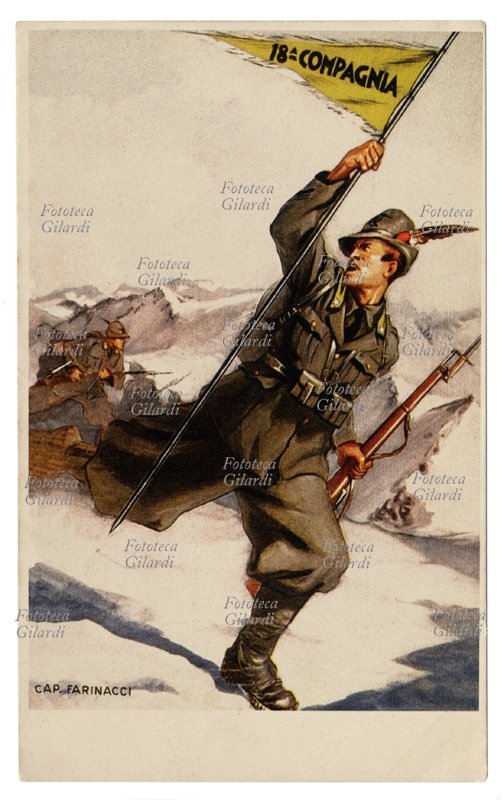 ALPINI 2° Reggimento - 18 compagnia battaglione Dronero. Cartolina postale reggimentale e di propaganda, illustrazione firmata Capitano Farinacci, Italia 1940