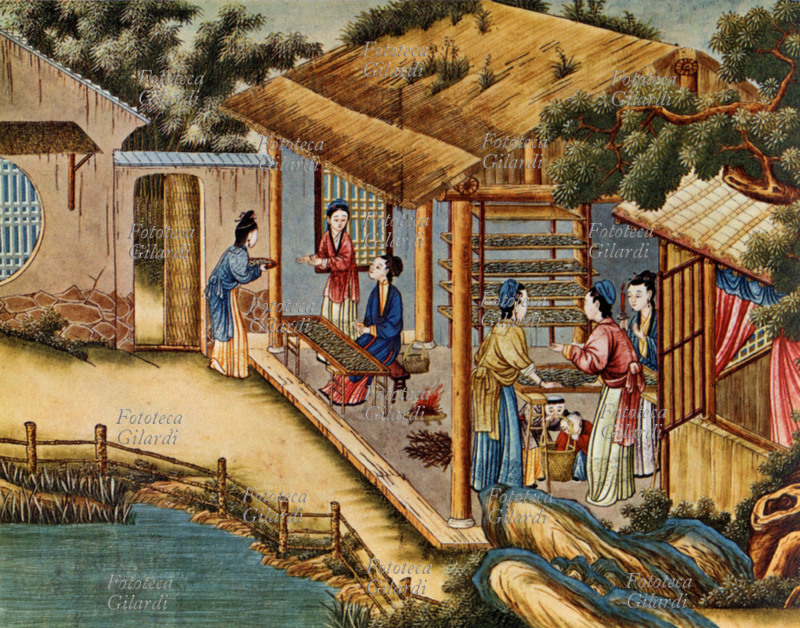SETA La lavorazione della seta in Cina . Stampa da dipinto del XVII secolo