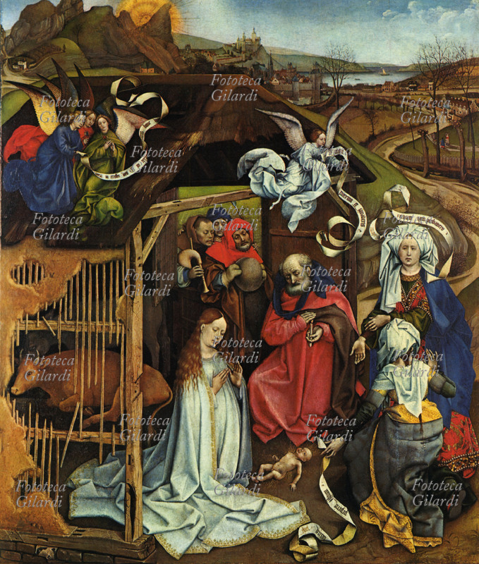 Robert CAMPIN (1378-1444) pittore fiammingo, solitamente identificato con il Maestro di Flémalle. Natività, stampa da dipinto, 1425