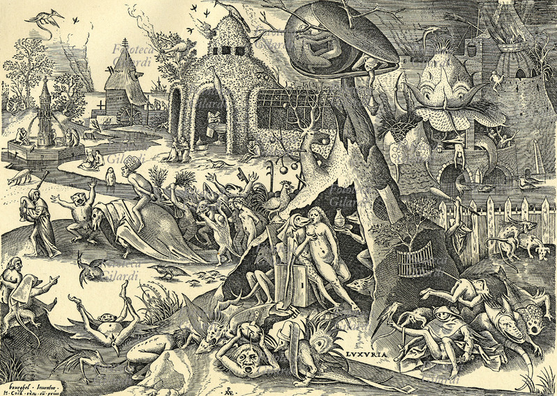 LUSSURIA La personificazione della lussuria è una fanciulla nuda che bacia una creatura mostruosa. Dietro la coppia sfila un singolare corteo guidato da un uomo con la cornamusa, sullo sfondo si vedono vari tipi di accoppiamenti. Lussuriosi sono anche personaggi che petano e cacano. \