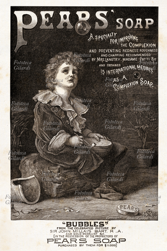 ADVERTISEMENT of Pears soap, the image used is taken from the painting "Bubble" (soap bubbles) by Sir John Everett Millais (1829-1896), which was purchased by Thomas J. Barratt, Head Promotional image of the company in subsequent years it was used widely celebrated in their communications to the point that it became the symbol of the company. Engraving, Great Britain 1886