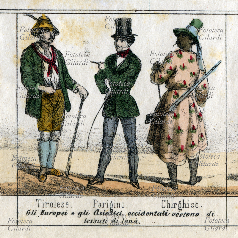 RAZZE UMANE "Tirolese, Parigino, Chirghise, gli Europei e gli Asiatici occidentali vestono di tessuti di lana". Didascalia originale stilata secondo il concetto ottocentesco di "razza", che sebbene permanga nel linguaggio comune si ritiene scientificamente superato nel tardo secolo successivo, e meglio definito con il termine ritenuto anche più politicamente corretto di "etnia" o "fenotipo", a seconda del contesto. Dettaglio dalla tavola V, "Prospetto di tutte le razze del globo e loro fogge di vestire", da "La Geografia a colpo d\