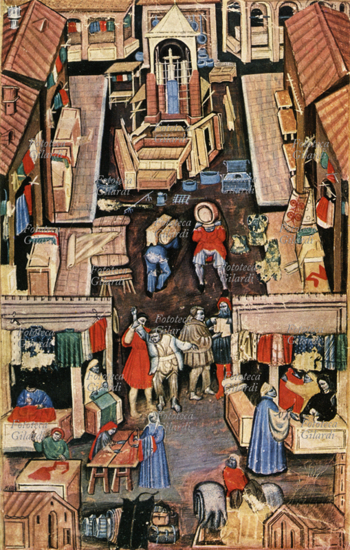 COMMERCIO Il mercato Porta Ravegnana, mercato medievale a Bologna. Tra le altre botteghe artigianali, in primo piano sono visibili quella di un mercante di stoffe e quella di un sarto. Stampa da miniatura tratta da manoscritto bolognese del 1411