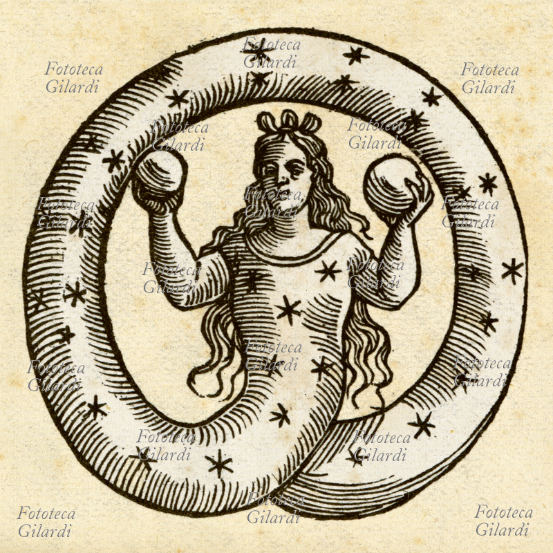 ETERNITÀ raffigurata come una donna le cui estremità inferiori si incrociano, si prolungano e si riuniscono a cerchio sopra la testa. In ciascuna delle mani tiene un globo d\