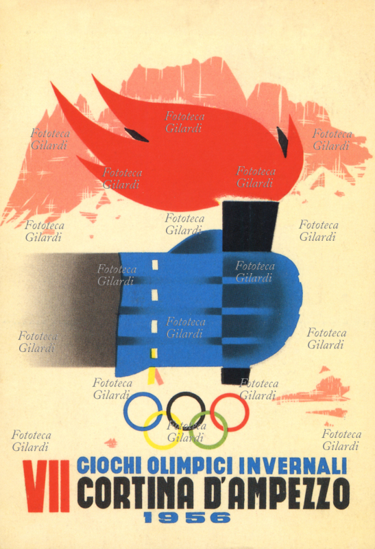 OLIMPIADI 1956 Giochi Olimpici invernali, cartolina da manifesto litografico a colori. La fiaccola olimpica è tenuta da una mano con guantone di lana, sullo sfondo sono raffigurate le montagne. Cortina d\