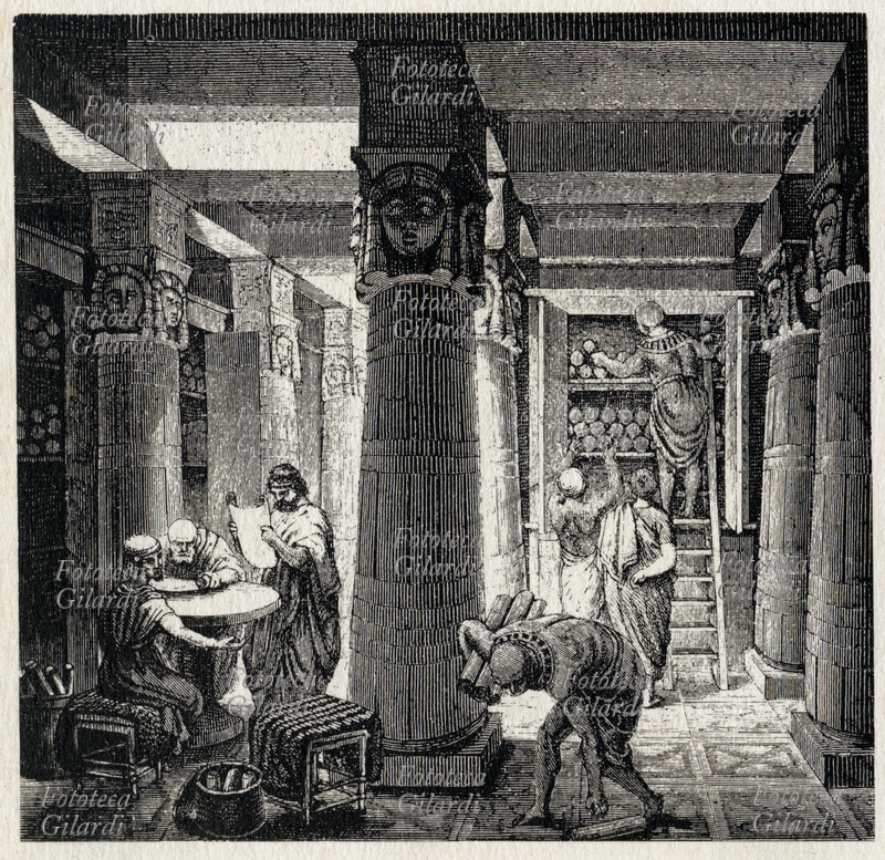 BIBLIOTECA Veduta interna della leggendaria biblioteca di Alessandria. Incisione da trattato storico ottocentesco.