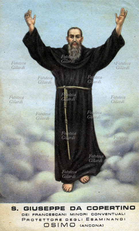 SAN GIUSEPPE DA COPERTINO dei francescani minori conventuali, protettore degli esaminandi, Osimo (Ancona). Immaginetta fotolitografica, 1958.