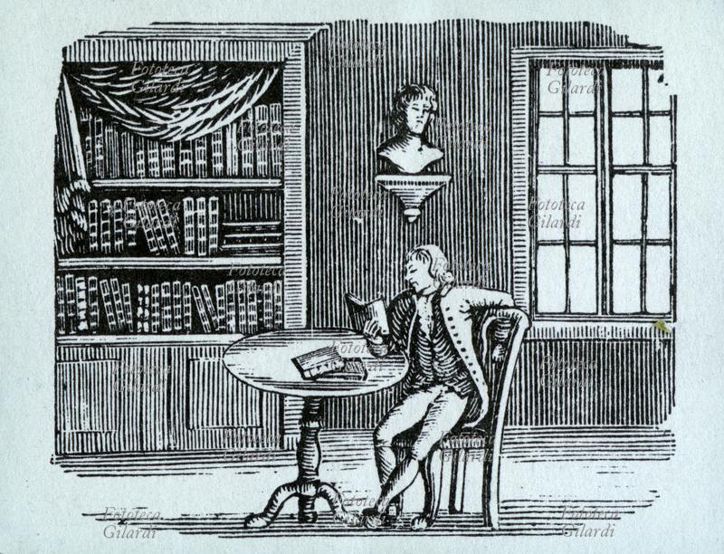 BIBLIOTECA incisione raffigurante un lettore in biblioteca, xilografia XVIII secolo