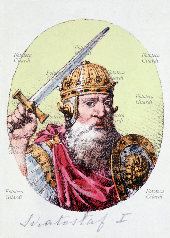 SVIATOSLAV I (941 o 942 – marzo 972) Gran Principe di Kiev dal 954 alla morte, dapprima regnò sotto la reggenza della madre Olga. Ritratto in ovale. Litografia acquarellata, XIX secolo.