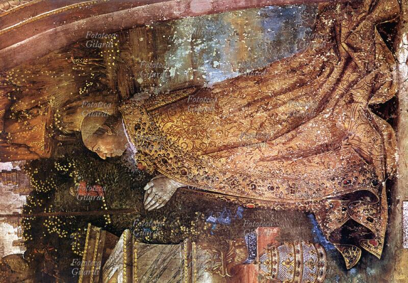 ALESSANDRO VI (1º gennaio 1431 – 18 agosto 1503), al secolo Rodrigo Borgia, eletto Papa nel 1492. Il pontefice fu colui che nel 1497 scomunicò Gerolamo Savonarola e lo condannò a morte. Ritratto inginocchiato orante con il Triregno reverenzialmente poggiato a terra mentre è testimone del Cristo che risorge, particolare della \