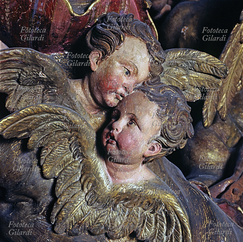 ANGELO due cherubini; dettaglio (quadrato) dallo stuolo che sorregge la Vergine nel gruppo scultoreo in legno policromo di Anton Maria Maragliano (1664-1741) raffigurante la visione dell\