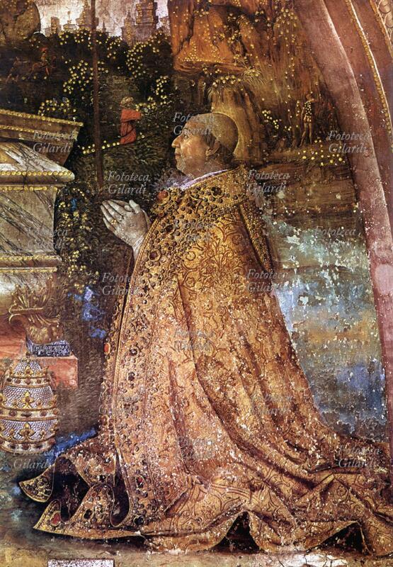 ALESSANDRO VI (1º gennaio 1431 – 18 agosto 1503), al secolo Rodrigo Borgia, eletto Papa nel 1492. Il pontefice fu colui che nel 1497 scomunicò Gerolamo Savonarola e lo condannò a morte. Ritratto inginocchiato orante con il Triregno reverenzialmente poggiato a terra mentre è testimone del Cristo che risorge, particolare della \