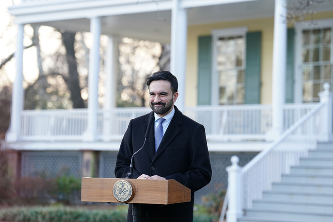 Mayor Zohran Mamdani holds a media availability on the porch of Gracie Mansion New York USA 12 Jan 2026