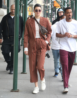 Kendall Jenner Accessorizes a Striped Suit with a Louis Vuitton Fanny Pack Kendall Jenner Accessorizes a Striped Suit with a Louis Vuitton Fanny Pack