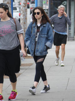 Lily Collins rocks a denim jacket and yoga pants keeping it casual during a breakfast outing in West Hollywood. Lily Collins rocks a denim jacket and yoga pants keeping it casual during a breakfast outing in West Hollywood.