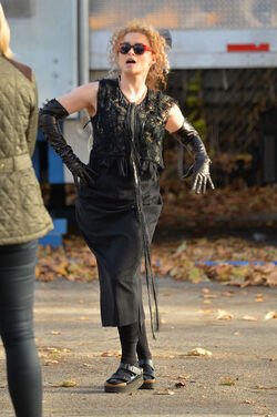 Helena Bonham Carter strikes a pose as she leaving her trailer on the set of Oceans 8 