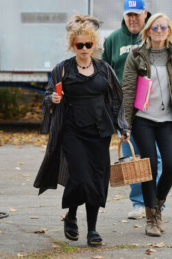 Helena Bonham Carter strikes a pose as she leaving her trailer on the set of Oceans 8 