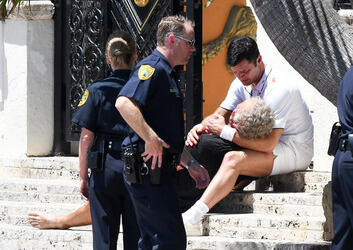 Ricky Martin and Edgar Ramirez act out the bloody death scene on the steps of the Versace Mansion during filming of Versace American Crime Story Ricky Martin and Edgar Ramirez act out the bloody death scene on the steps of the Versace Mansion during filming of Versace American Crime Story