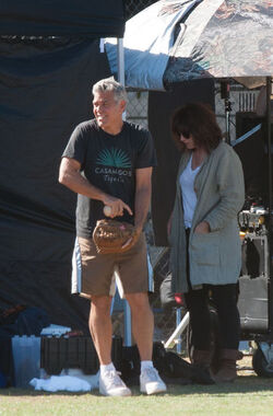 George Clooney and Amal Clooney and her Father on Set of Suburbicon.