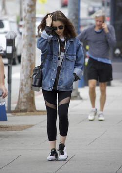 Lily Collins rocks a denim jacket and yoga pants keeping it casual during a breakfast outing in West Hollywood. Lily Collins rocks a denim jacket and yoga pants keeping it casual during a breakfast outing in West Hollywood.