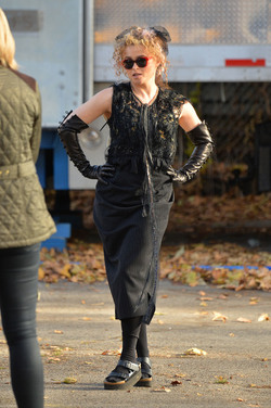 Helena Bonham Carter strikes a pose as she leaving her trailer on the set of Oceans 8 