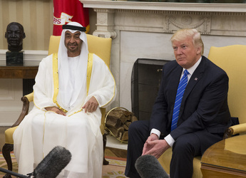 President Donald Trump poses for photographs with Crown Prince Muhammad bin Zayid Al Nuhayyan of Abu Dhabi