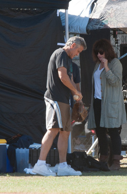 George Clooney and Amal Clooney and her Father on Set of Suburbicon.