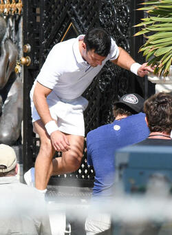 Ricky Martin and Edgar Ramirez act out the bloody death scene on the steps of the Versace Mansion during filming of Versace American Crime Story Ricky Martin and Edgar Ramirez act out the bloody death scene on the steps of the Versace Mansion during filming of Versace American Crime Story