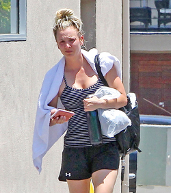Hot and sweaty Kaley Cuoco is red faced as she leaves LA gym after Sunday workout session