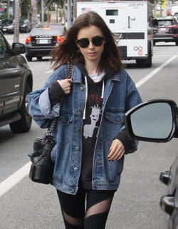 Lily Collins rocks a denim jacket and yoga pants keeping it casual during a breakfast outing in West Hollywood. Lily Collins rocks a denim jacket and yoga pants keeping it casual during a breakfast outing in West Hollywood.
