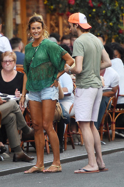Kelly Bensimon pushing her Citi Biki and going for lunch in short shorts