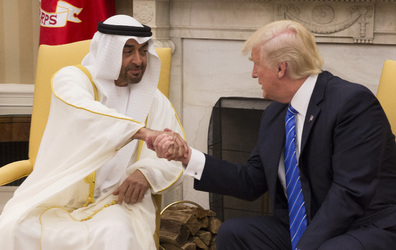 President Donald Trump poses for photographs with Crown Prince Muhammad bin Zayid Al Nuhayyan of Abu Dhabi