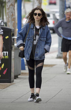 Lily Collins rocks a denim jacket and yoga pants keeping it casual during a breakfast outing in West Hollywood. Lily Collins rocks a denim jacket and yoga pants keeping it casual during a breakfast outing in West Hollywood.