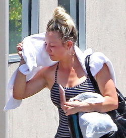 Hot and sweaty Kaley Cuoco is red faced as she leaves LA gym after Sunday workout session