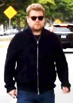James Corden was spotted in Brentwood climbing into his Aston Martin Rapide sportscar.