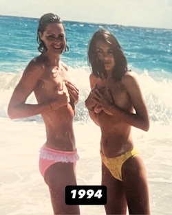 Non Exclusive Liz Hurley and Trinny Woodall pose in topless throwback pic Non Exclusive Liz Hurley and Trinny Woodall pose in topless throwback pic