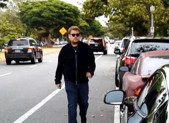 James Corden was spotted in Brentwood climbing into his Aston Martin Rapide sportscar.
