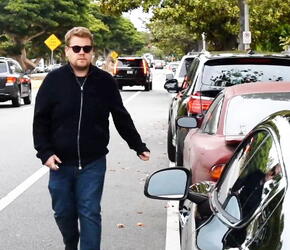 James Corden was spotted in Brentwood climbing into his Aston Martin Rapide sportscar.