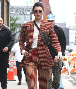Kendall Jenner Accessorizes a Striped Suit with a Louis Vuitton Fanny Pack Kendall Jenner Accessorizes a Striped Suit with a Louis Vuitton Fanny Pack