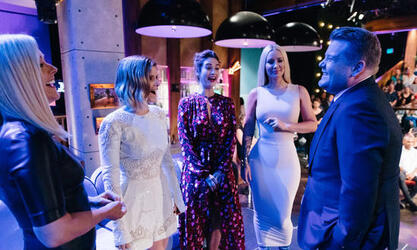 JAMES CORDEN FIRES FRUIT AT LILY JAMES AND KATE MARA ON THE LATE SHOW PICS