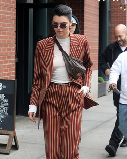 Kendall Jenner Accessorizes a Striped Suit with a Louis Vuitton Fanny Pack Kendall Jenner Accessorizes a Striped Suit with a Louis Vuitton Fanny Pack