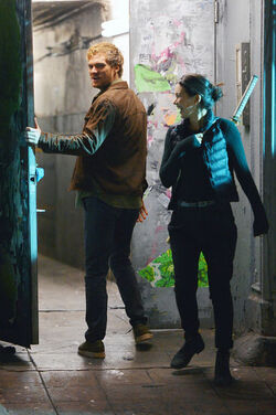 Jessica Henwick and Finn Jones on the set of Iron Fist filming in Soho on DECEMBER 02 2016 in New York City New York