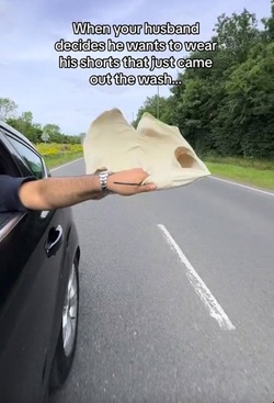 Time strapped Brit leaves drivers cackling hanging SHORTS out car window in quick dry hack