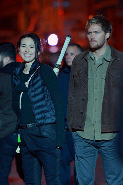 Jessica Henwick and Finn Jones on the set of Iron Fist filming in Soho on DECEMBER 02 2016 in New York City New York