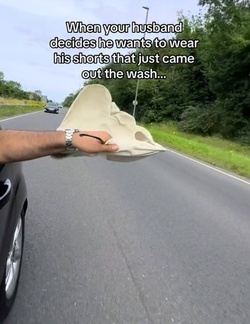 Time strapped Brit leaves drivers cackling hanging SHORTS out car window in quick dry hack