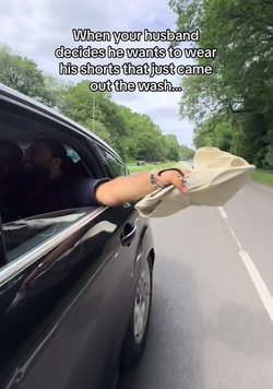 Time strapped Brit leaves drivers cackling hanging SHORTS out car window in quick dry hack