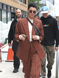 Kendall Jenner Accessorizes a Striped Suit with a Louis Vuitton Fanny Pack Kendall Jenner Accessorizes a Striped Suit with a Louis Vuitton Fanny Pack