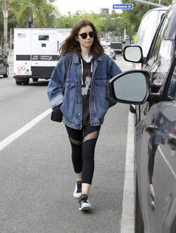 Lily Collins rocks a denim jacket and yoga pants keeping it casual during a breakfast outing in West Hollywood. Lily Collins rocks a denim jacket and yoga pants keeping it casual during a breakfast outing in West Hollywood.